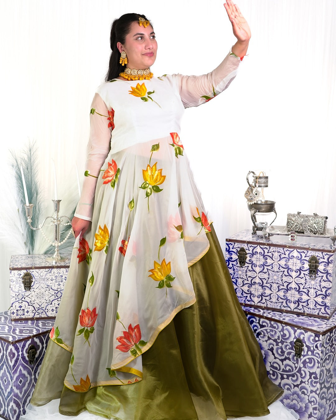 White Handpainted Organza with Green Lengha
