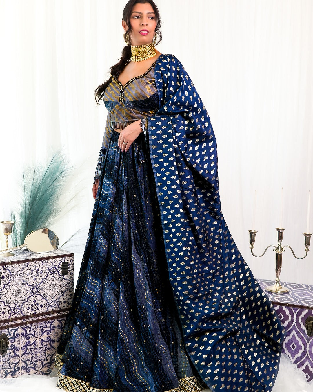 Blue Water Colour with Grey/Gold Silk