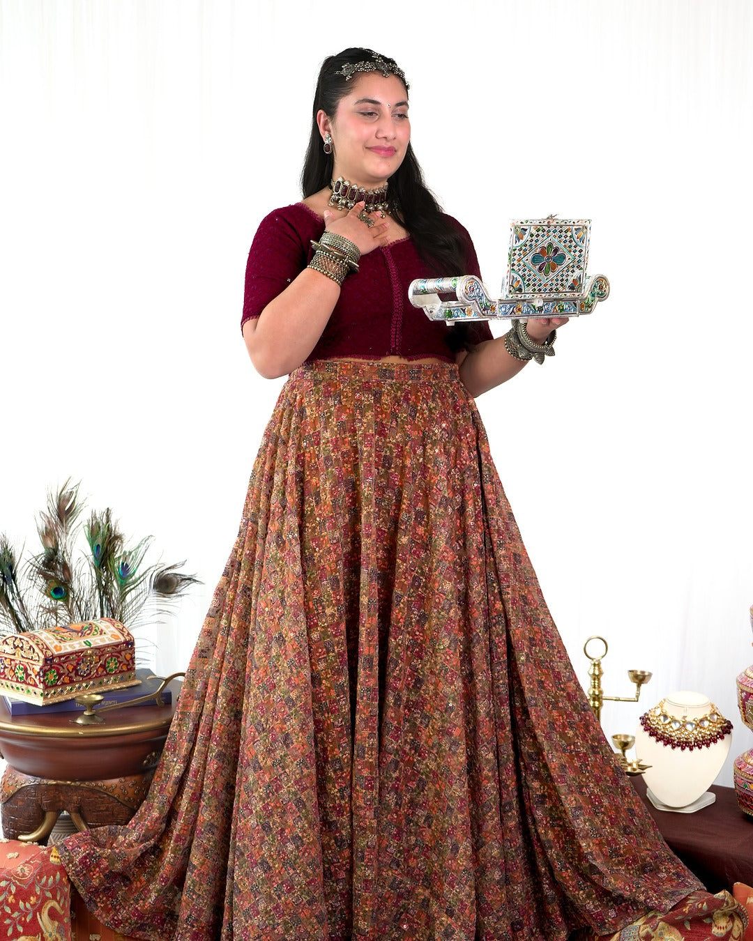 Dark Maroon Blouse with Chikankari Skirt