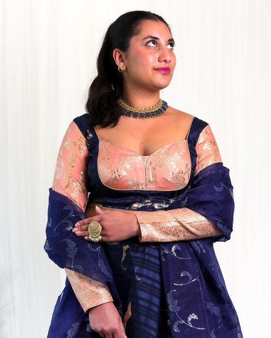 Navy Blue/Pink/Cream Silk Skirt with Pink Silk Blouse