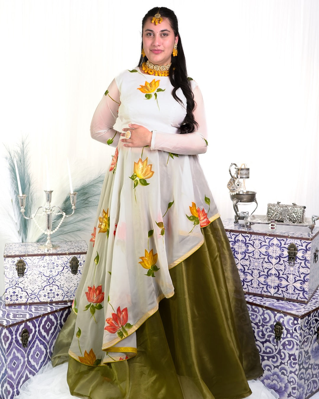 White Handpainted Organza with Green Lengha