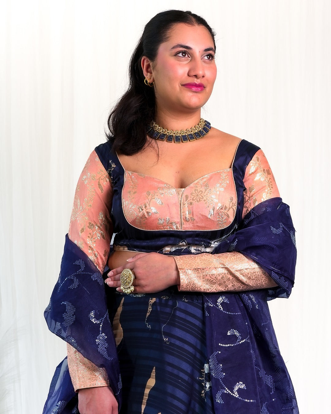 Navy Blue/Pink/Cream Silk Skirt with Pink Silk Blouse