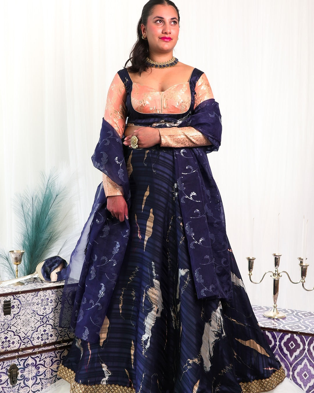 Navy Blue/Pink/Cream Silk Skirt with Pink Silk Blouse