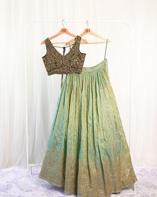 Seagreen and Emerald Silk Lengha