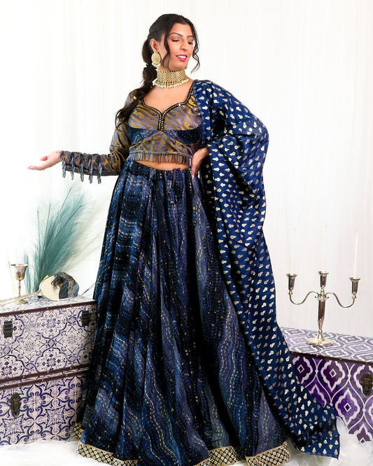 Blue Water Colour with Grey/Gold Silk