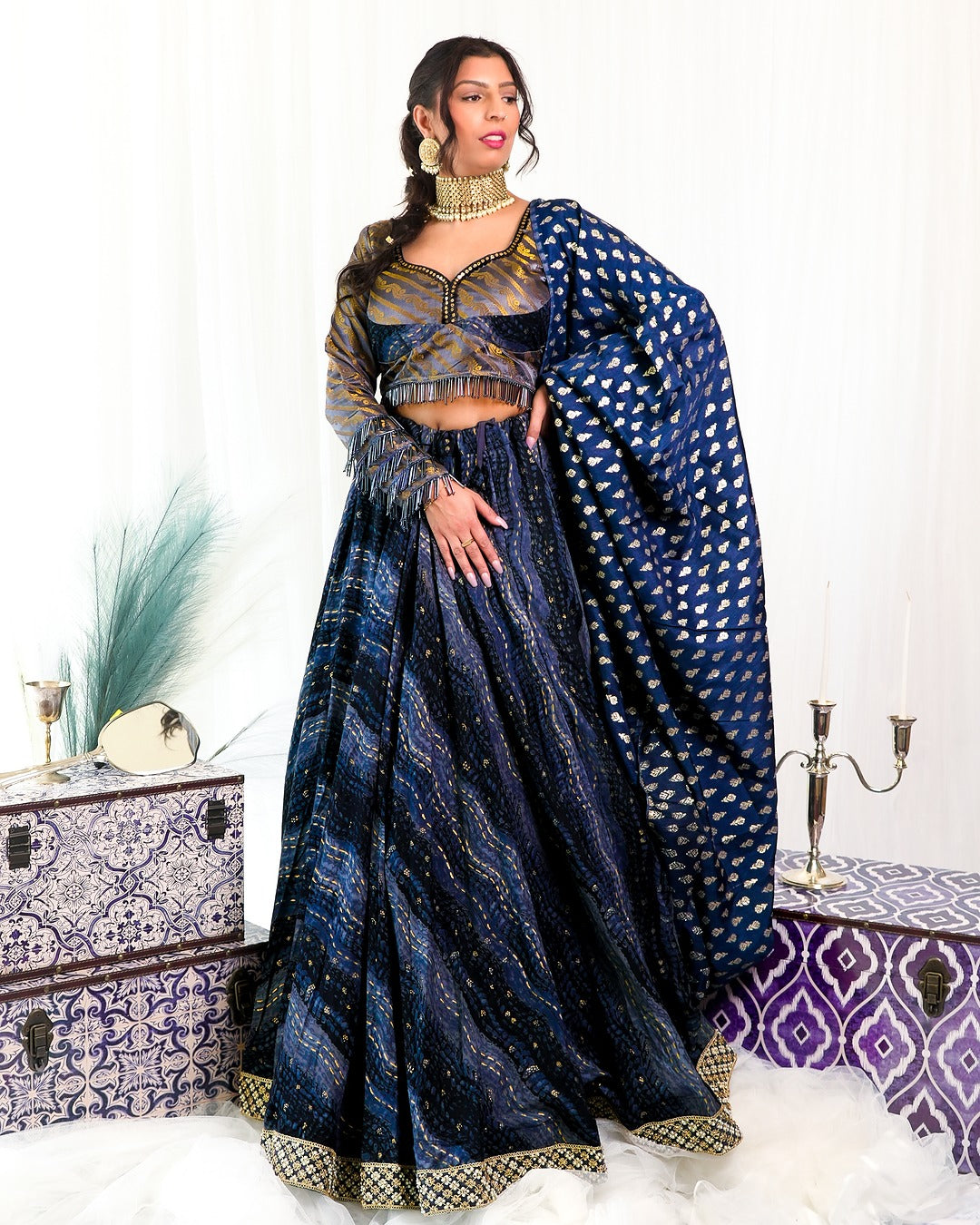 Blue Water Colour with Grey/Gold Silk