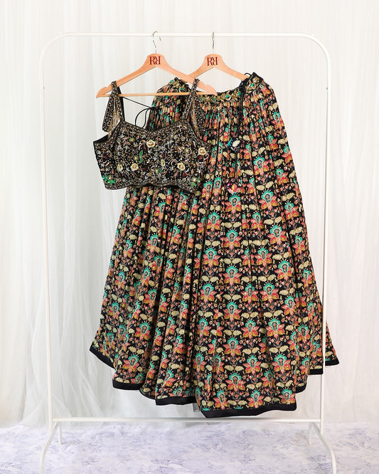 Black and Multicolour Embellished Skirt Set