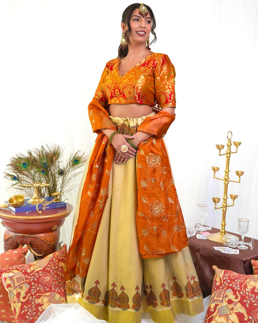 Orange Red Silk Blouse with Plain Cream Motif Skirt