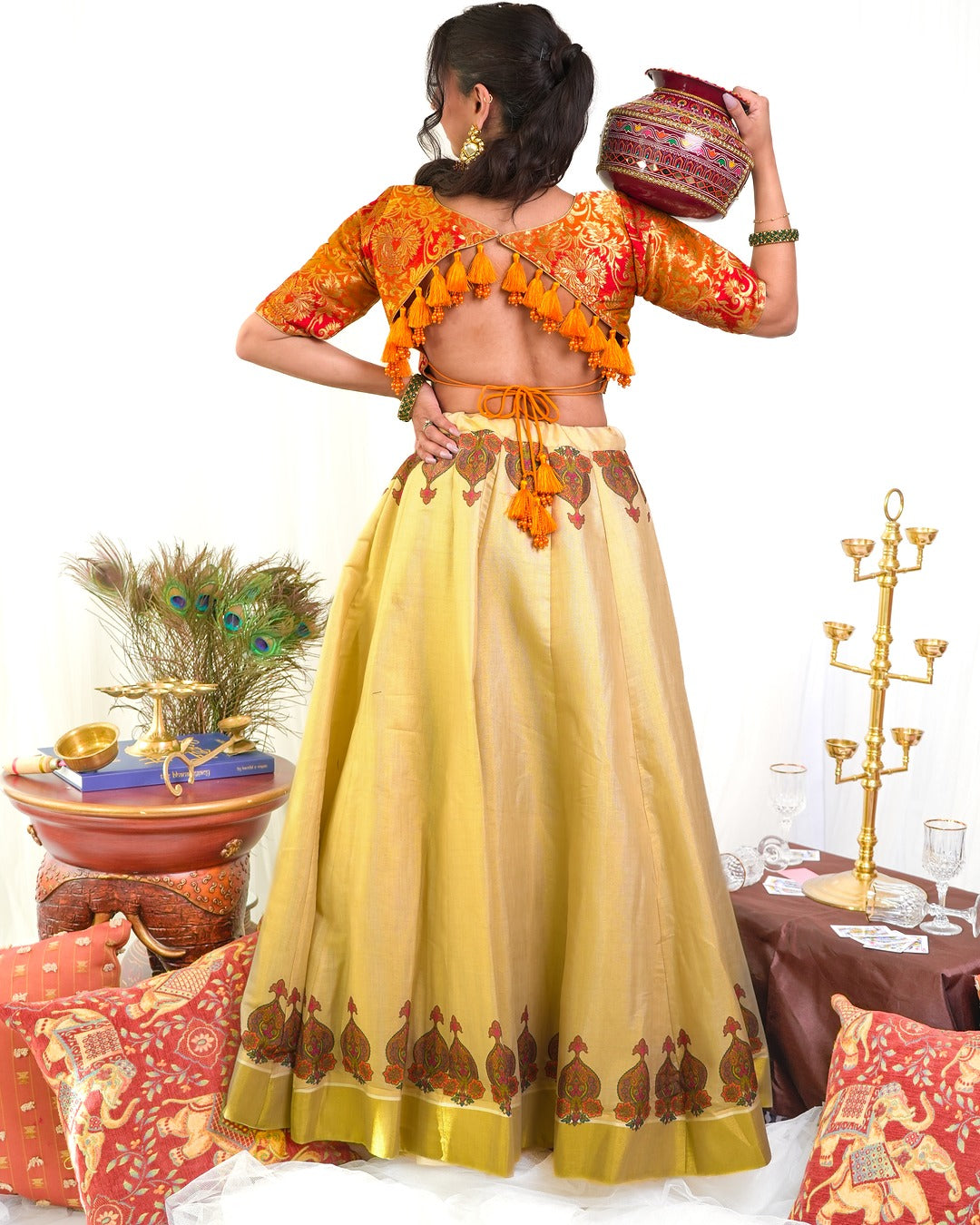Orange Red Silk Blouse with Plain Cream Motif Skirt