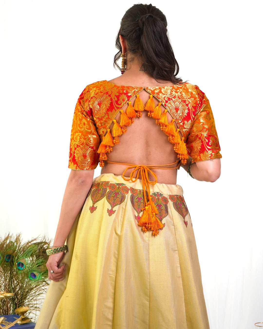 Orange Red Silk Blouse with Plain Cream Motif Skirt