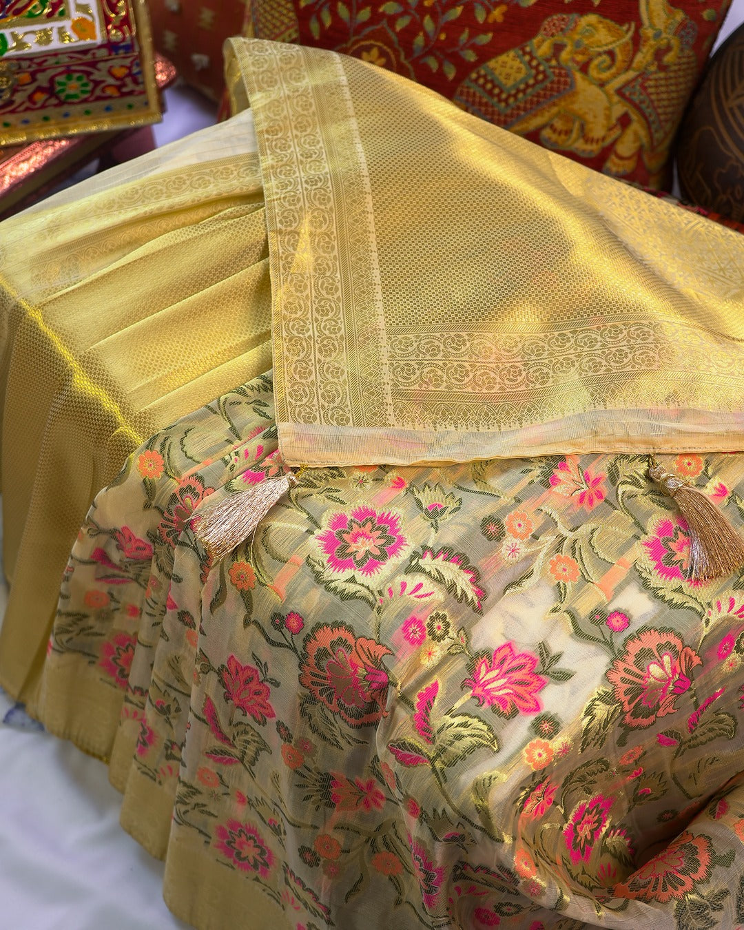 Gold and Floral Raw Silk Saree