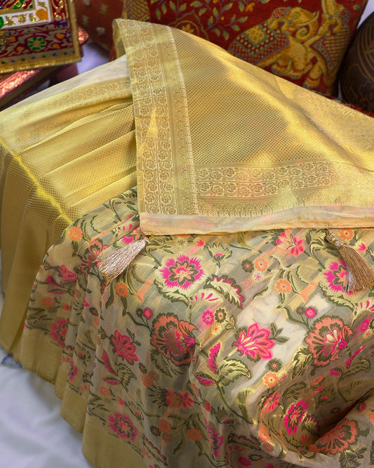 Gold and Floral Raw Silk Saree