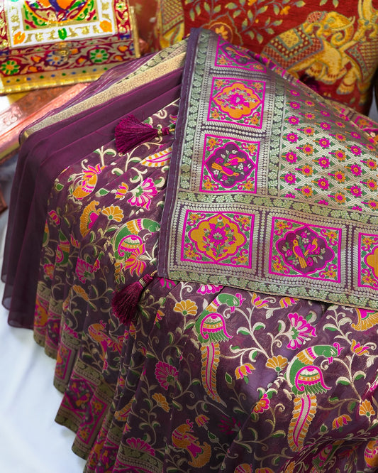 Eggplant and Pink Raw Silk Saree