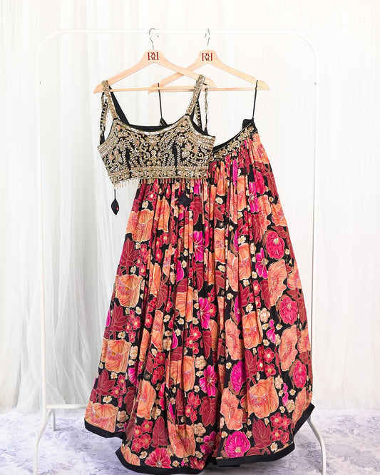 Pink and Orange Floral Lengha
