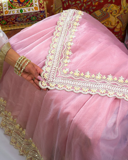 Light Pink Organza Saree with Heavy Pearl Border