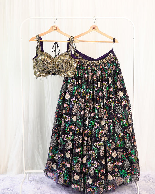 Black Sequin Lengha with Mermaid Sequin and Gold Embroidery