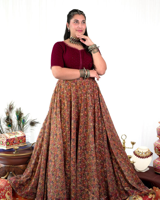 Dark Maroon Blouse with Chikankari Skirt