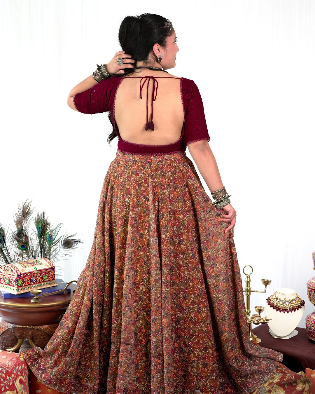 Dark Maroon Blouse with Chikankari Skirt